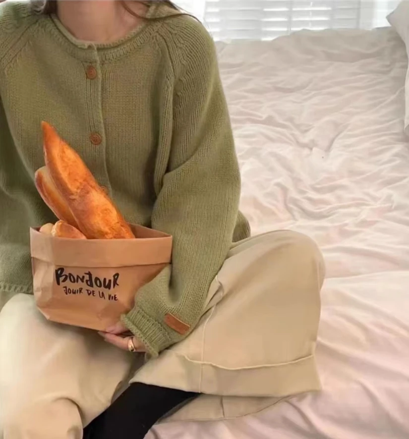 【针织衫】秋冬欧款韩系纯色长袖慵懒风单排扣圆领开衫显瘦外套女