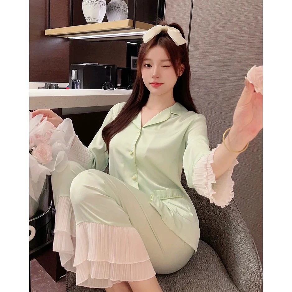 查理夫人【千山暮雪】睡衣女法式简约休闲家居服绿色茶甜薄款时尚