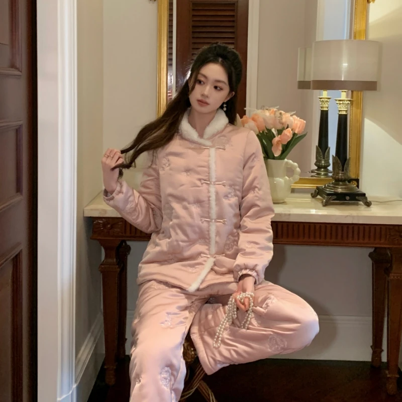 查理夫人【楼兰】新中式冬季加绒加厚三层夹棉家居服新款套装睡衣女