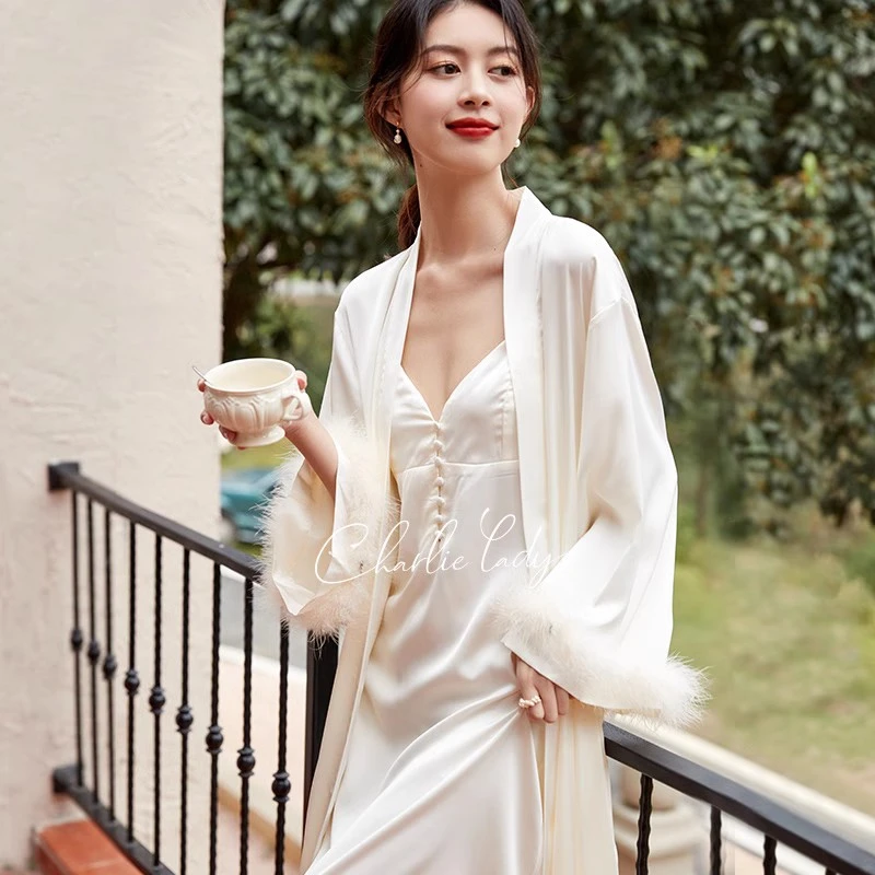 查理夫人【青瓷画染】法式晨袍新娘结婚红色性感睡袍蕾丝睡衣冰丝女