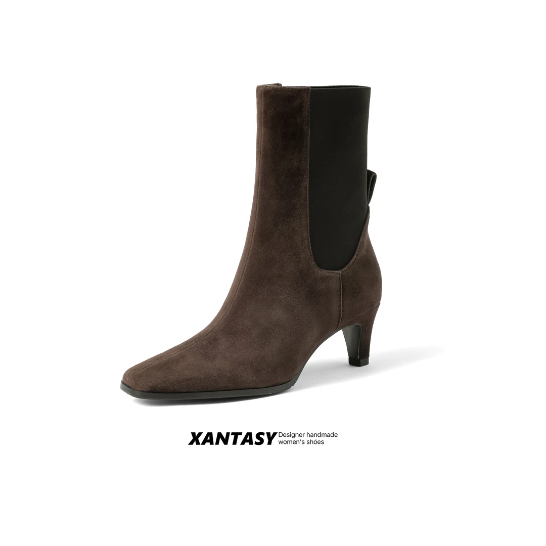 XANTASY设计师高定秋冬新款手工真皮法式复古小猫跟高跟中筒女靴
