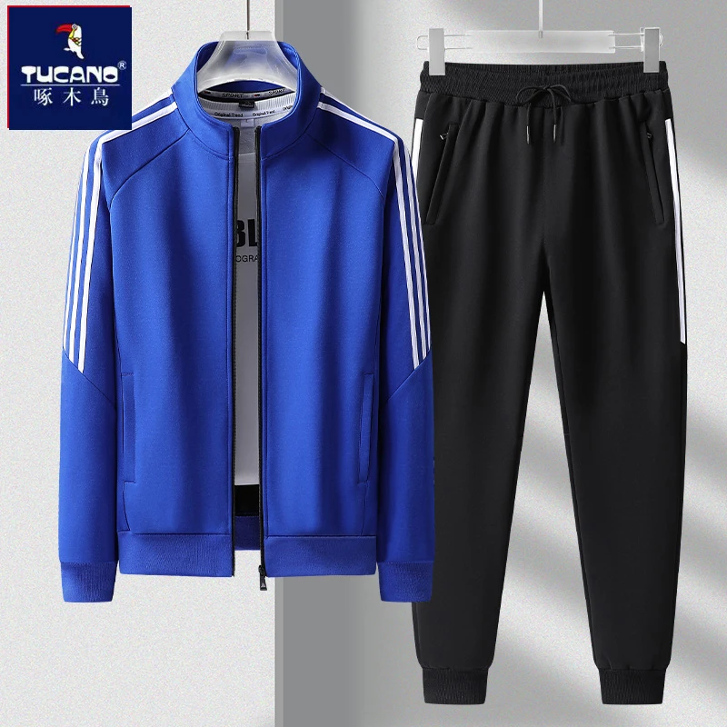 啄木鸟春秋季男士三条杠运动套装男休闲长袖开衫卫衣外套男两件装