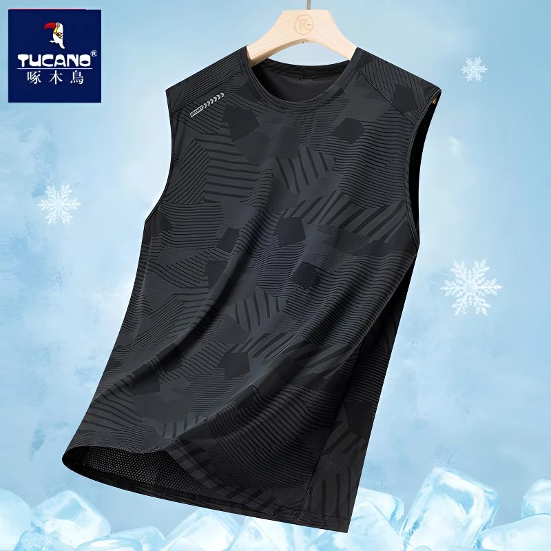 啄木鸟夏季冰丝无袖背心男士薄款透气速干t恤休闲凉感舒适上衣服