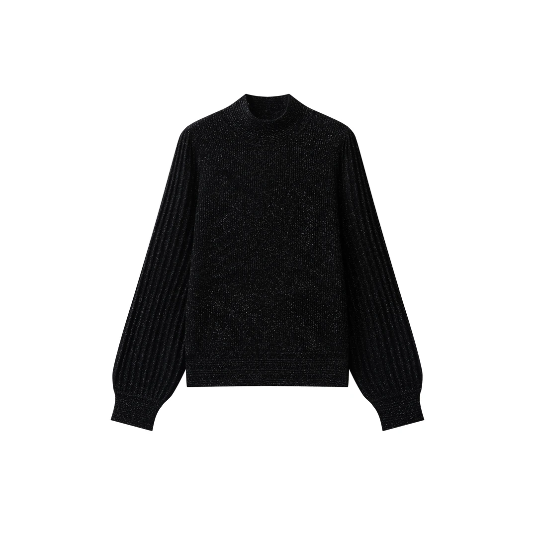 【吉岚严选】秋冬女士时尚休闲百搭纯色长袖金银丝针织半高领套衫