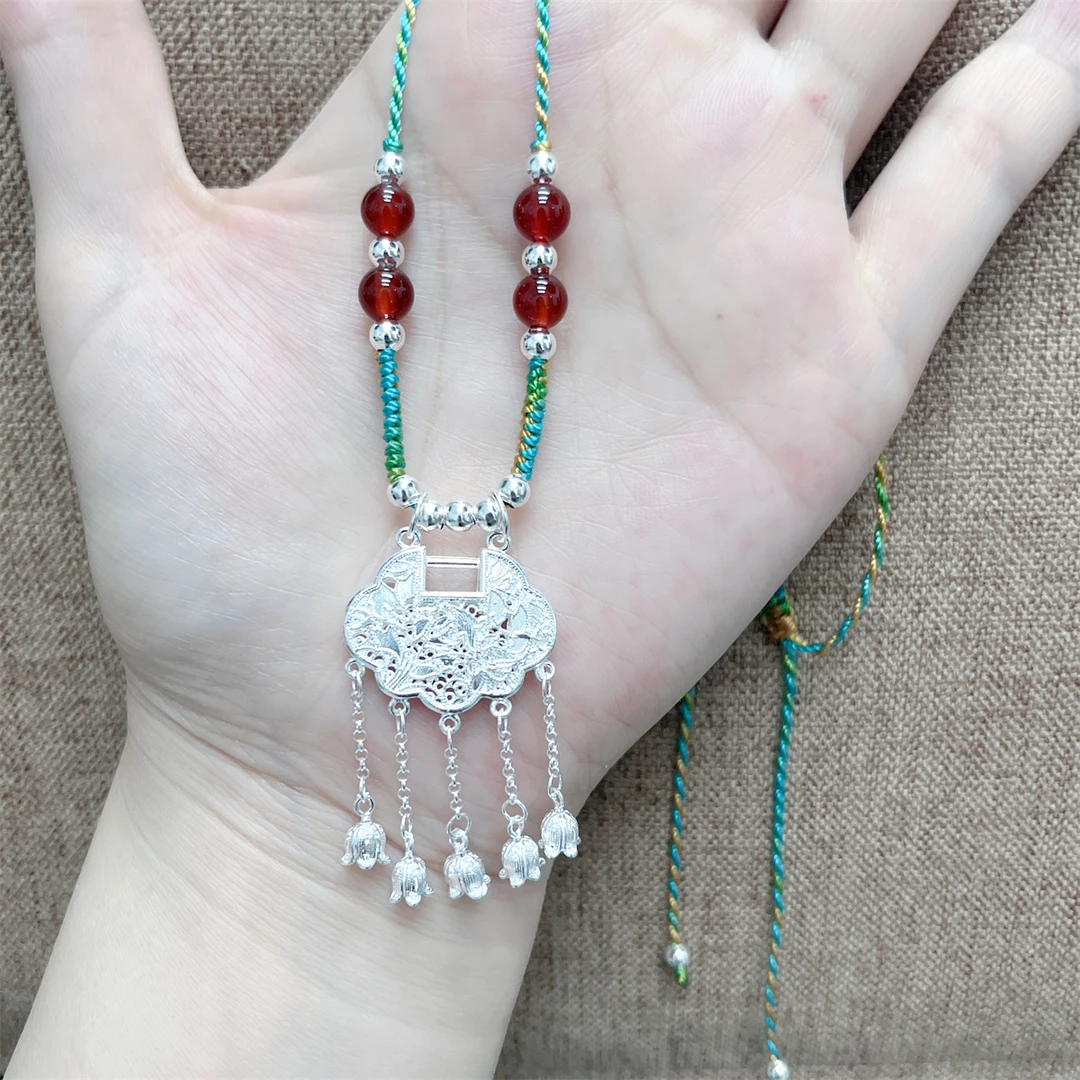 吊坠足银 足银990铃兰花锁编绳项链时尚民族风