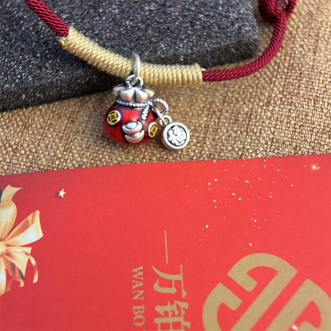 足银珐琅手链 足银999珐琅红福袋吊手工编绳手链红色手绳编织