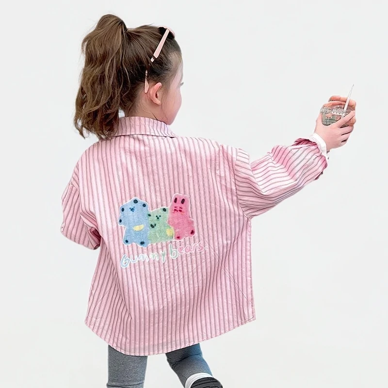女童秋季衬衫外套2024新款儿童春秋款条纹衬衣小女孩秋款长袖上衣