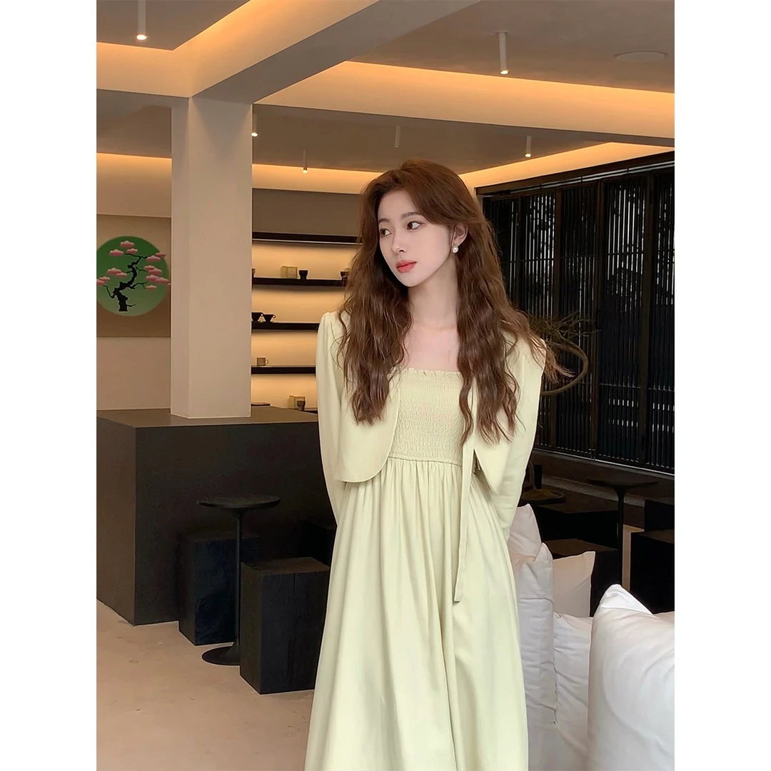 安酒月【青提汽水】韩系收腰显瘦打揽裙装黄色连衣裙套装AJ3BSQ06