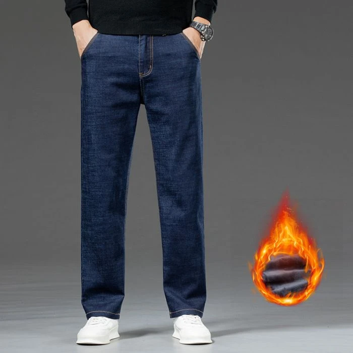 秋冬男士宽松直筒牛仔裤加绒加厚弹力冬季保暖大码百搭长裤男