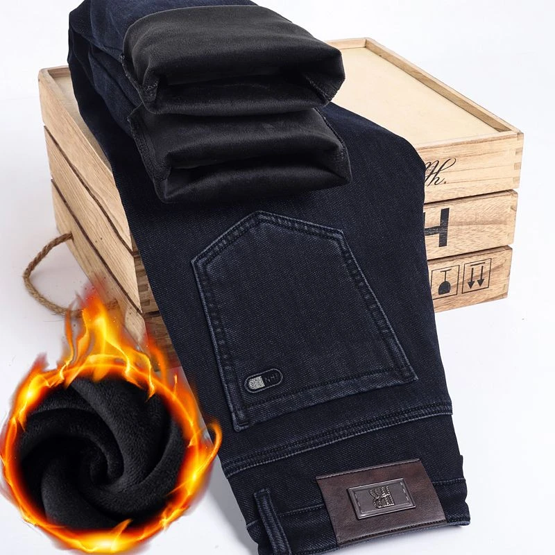 秋冬直筒型高腰牛仔裤加绒保暖五袋款棉裤加厚加绒牛仔裤男款加绒