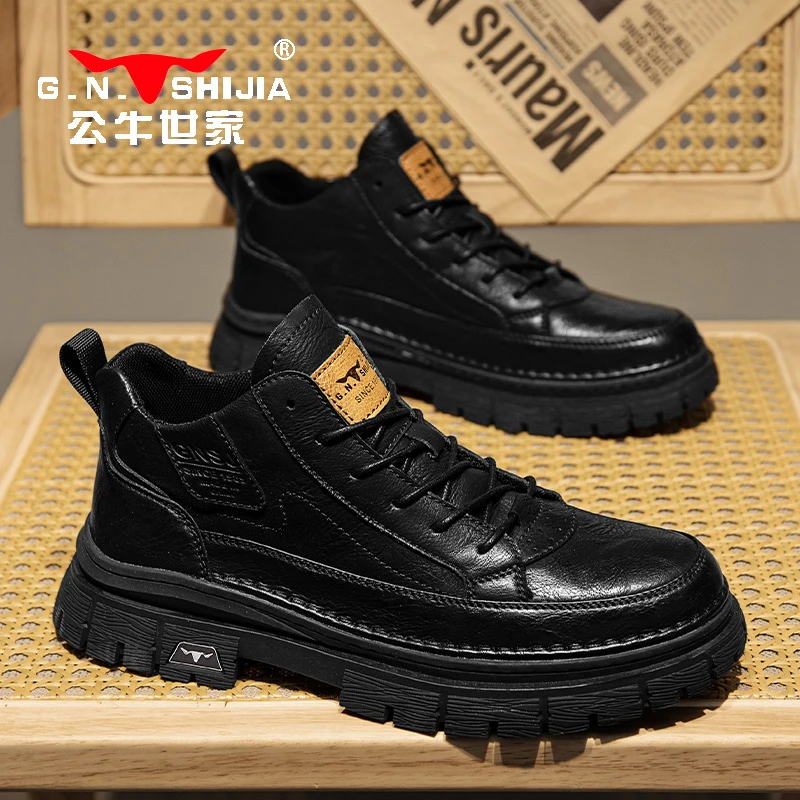 公牛世家/中帮马丁鞋男春秋英伦风男鞋加绒厚底男款工装机车靴潮