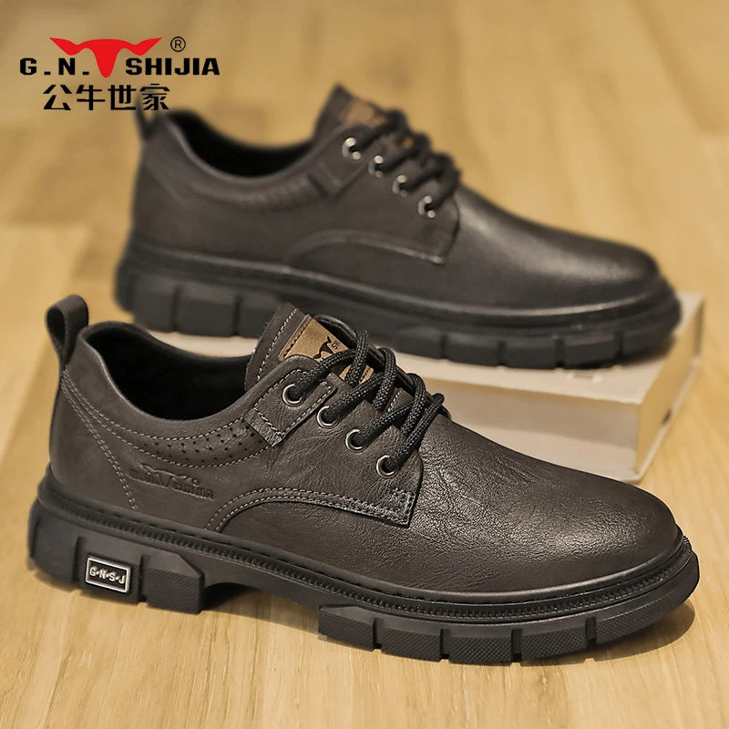 公牛世家/皮鞋男秋季圆头工装低帮马丁短靴复古休闲时尚手工男鞋