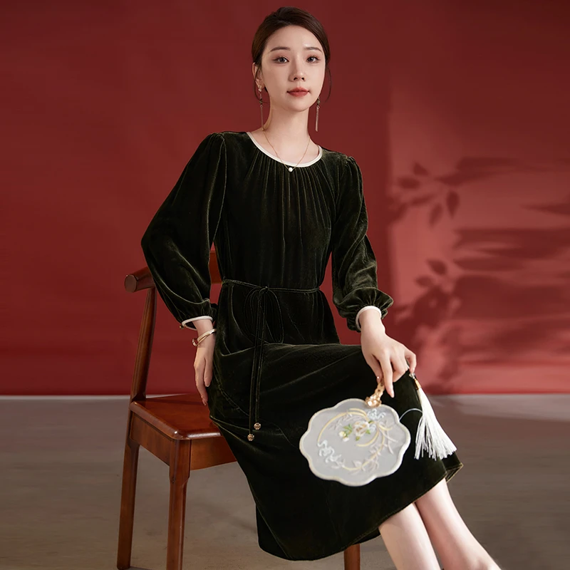 桑忆100%桑蚕丝丝绒裙圆领气质秋季极简新中式真丝连衣裙82497980