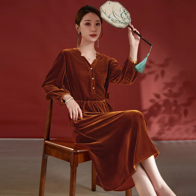 桑忆100%桑蚕丝丝绒V领显瘦秋季长袖气质真丝连衣裙82498538