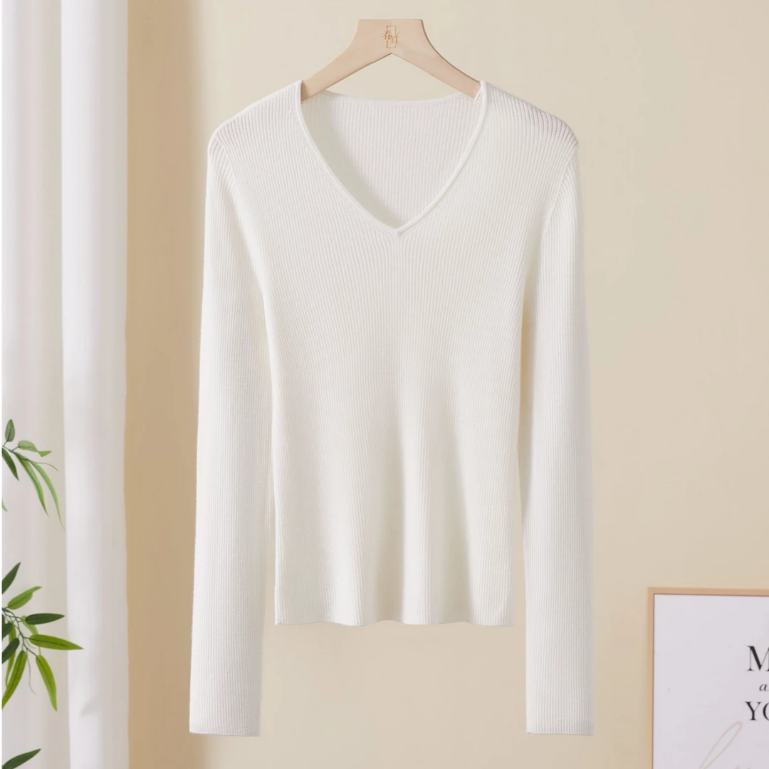 【70羊毛30羊绒】秋冬无缝显瘦气质纯色长袖百搭女士v领针织衫24609