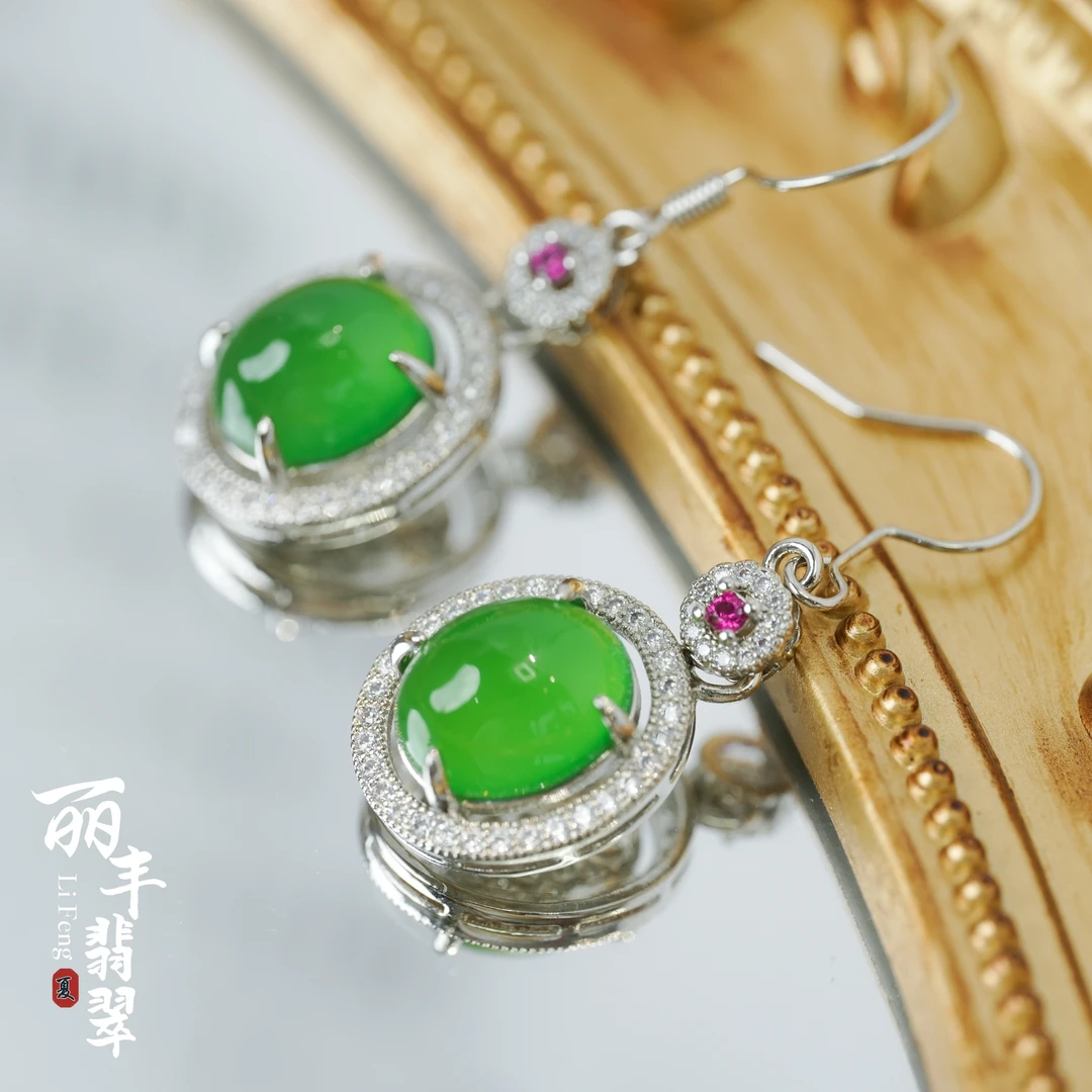 【丽丰珠宝】天然玛瑙玉石设计款冰绿蛋面设计款耳饰
