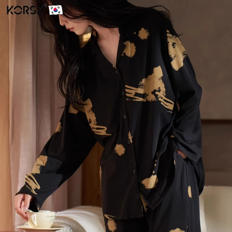 高档睡衣女春秋季黑色新款莫代尔棉长袖套装休闲翻领可外穿家居服