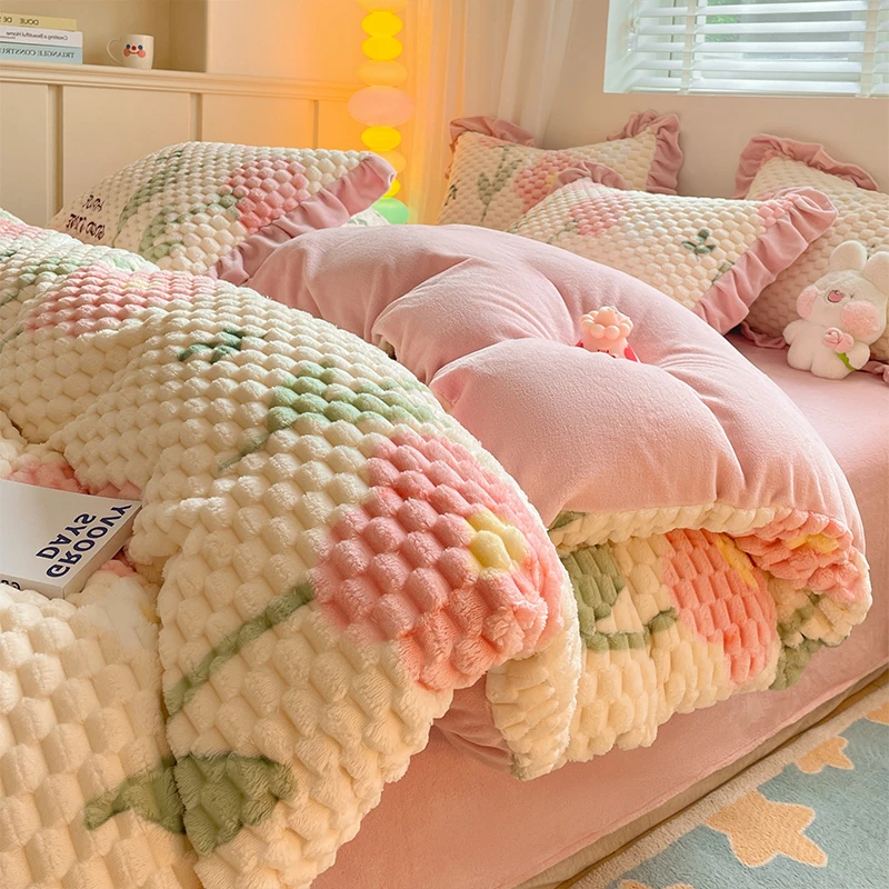 冬季田园风豆豆绒牛奶绒四件套2023新款加厚珊瑚绒被套床单三件套