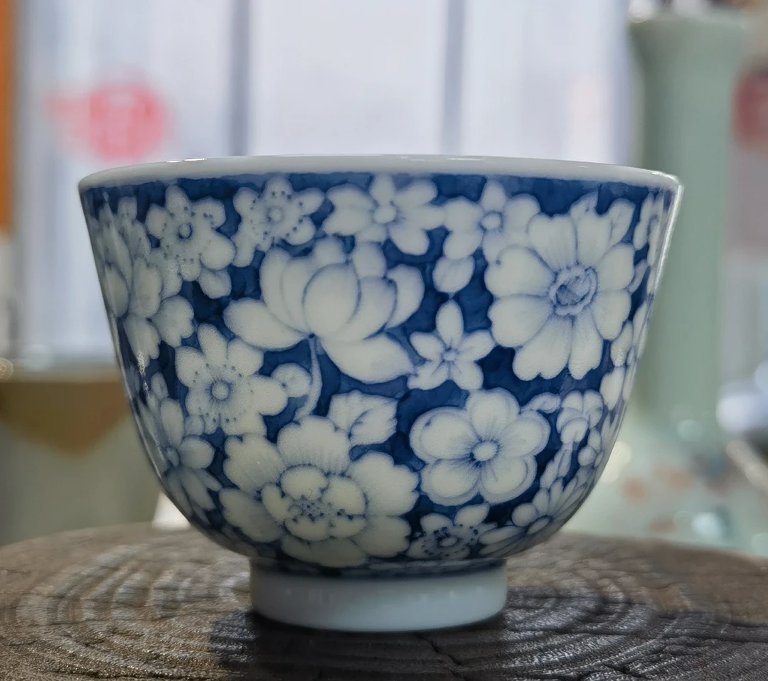 自问堂制青花手绘万花主人杯