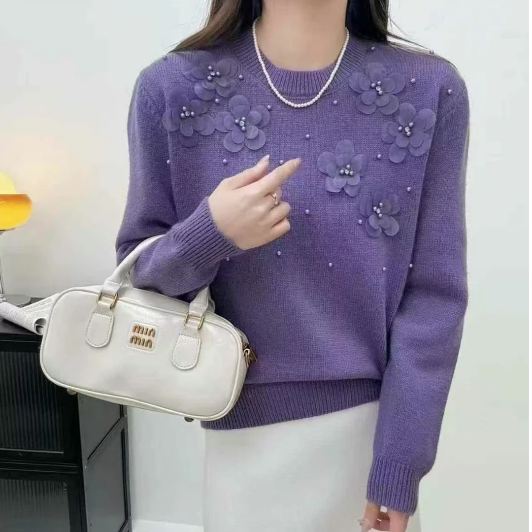 针织女衫女2024秋冬款长袖时尚百搭宽松圆领套头珍珠手工花针织衫