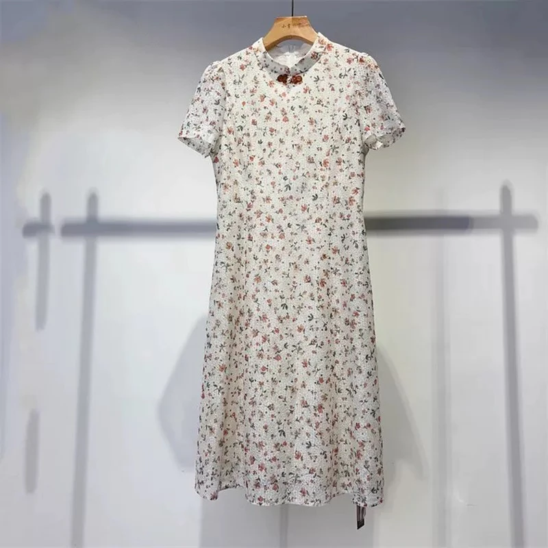 [C207碎花旗袍连衣裙]夏季纯色蕾丝女士时尚气质简约潮流显