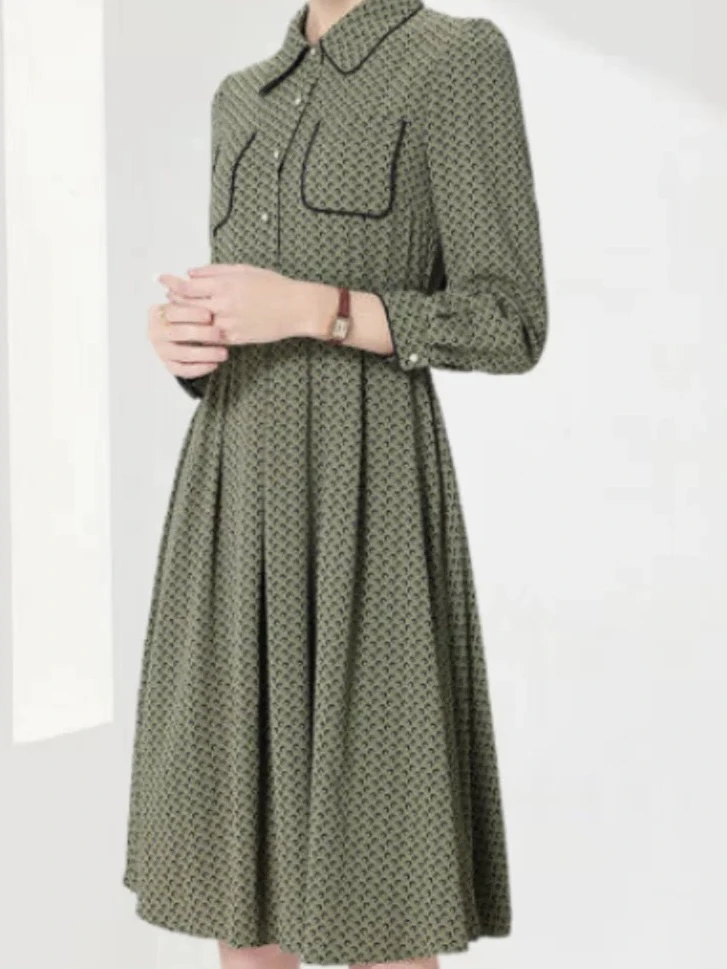 [A501绿咖连衣裙]夏季春夏百搭碎花显瘦