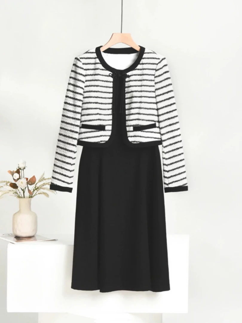 [A510小香黑白横条纹套裙]气质夏季印花网红女士显瘦