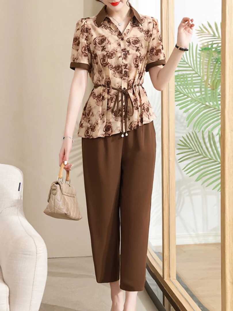 [H346咖色玫瑰套裤套裤]夏季纯色蕾丝女士时尚