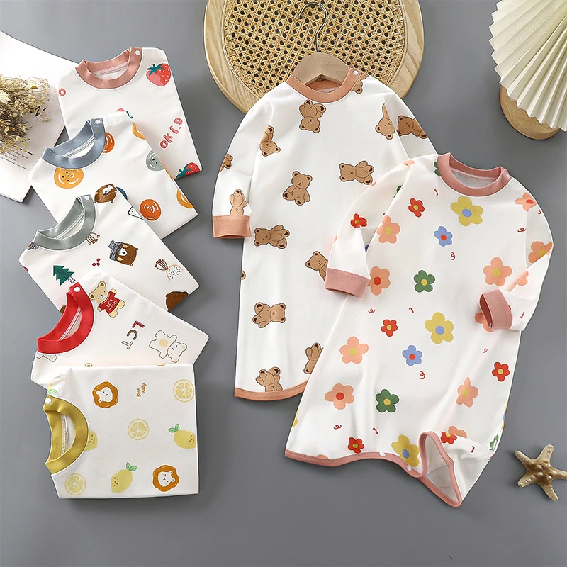 宝宝长袖睡袍婴儿纯棉连体衣男女童春秋款护肚防踢睡衣儿童睡裙