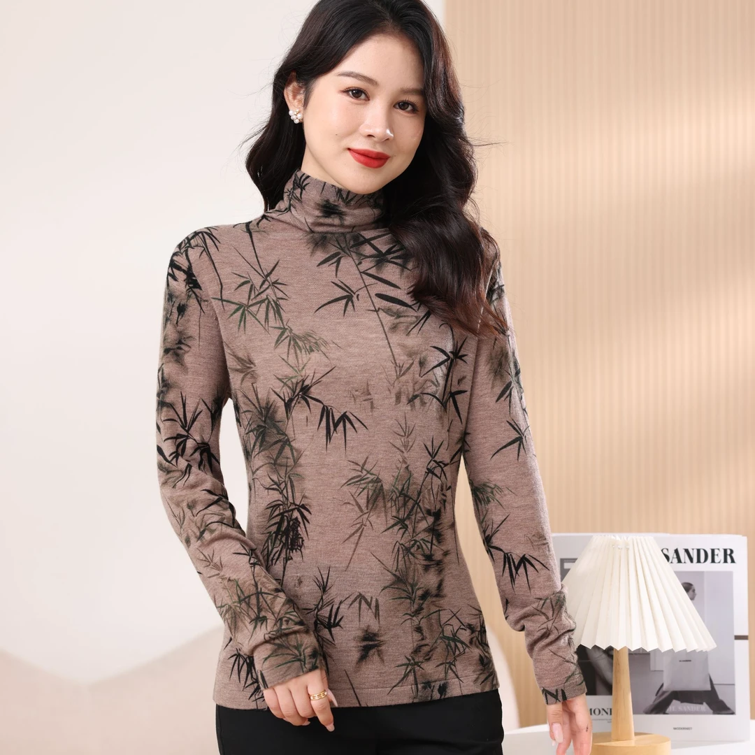 2024秋冬季新款100%绵羊毛半高领长袖百搭印花保暖针织上衣121