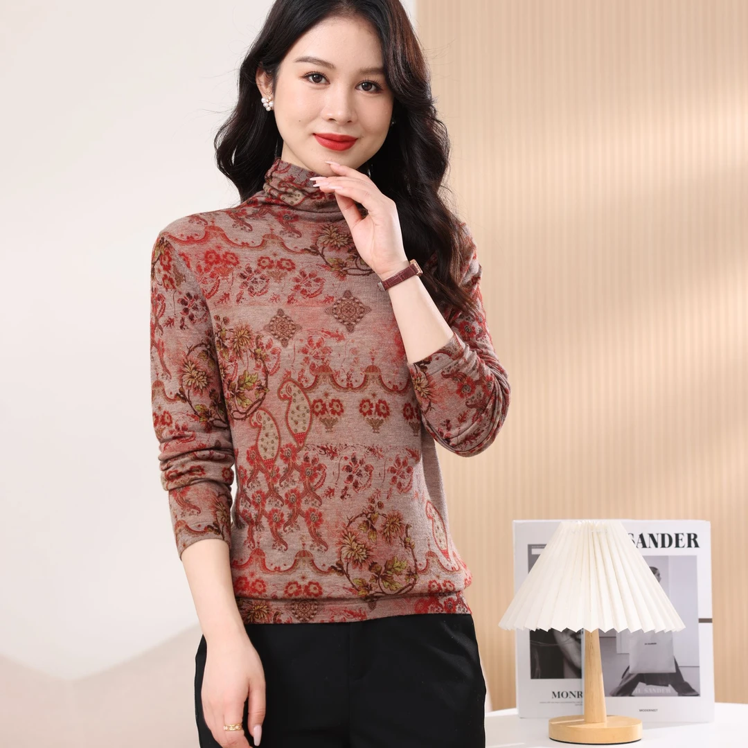 2024秋冬季新款100%绵羊毛半高领长袖百搭印花保暖针织上衣PY-112