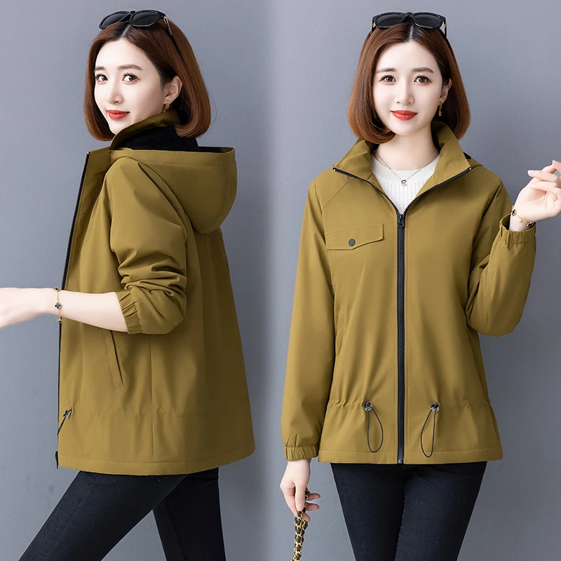 2024新款春秋休闲时尚百搭搭带帽中长款收腰显瘦夹克上衣