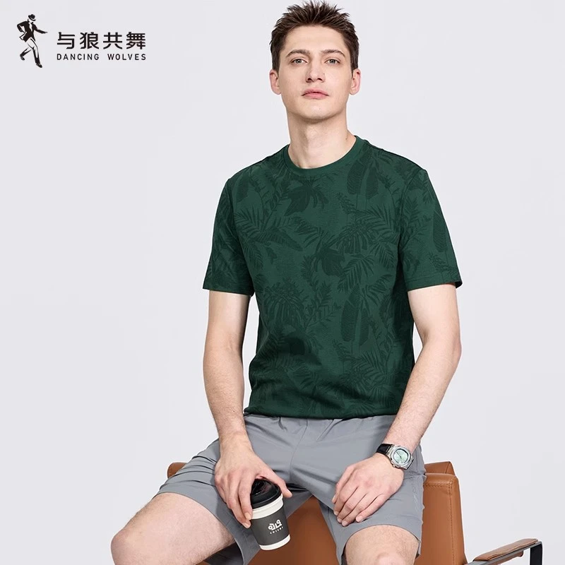 与狼共舞圆领弹力短袖t恤男2025夏季新款索罗娜透气亲肤打底短t