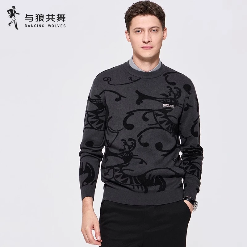 【绵羊毛】与狼共舞植绒圆领毛衣男士2025秋冬新款刺绣休闲保暖毛衫