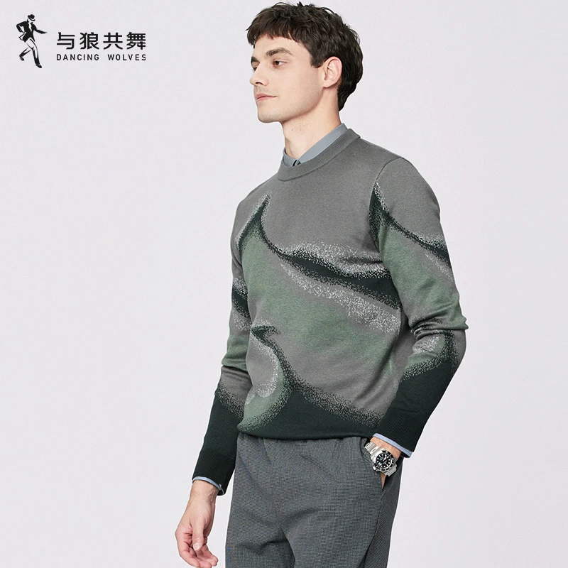 【羊毛】与狼共舞圆领毛衣男士2023冬季新款时尚提花弹力针织毛衫