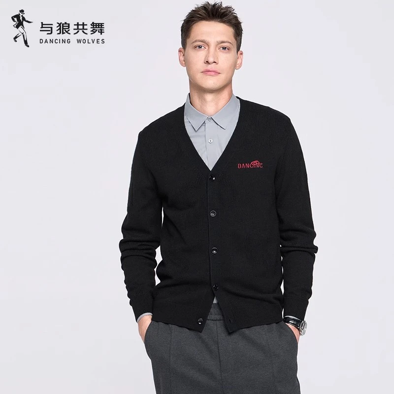 【绵羊毛】与狼共舞开衫男士毛衣2025秋季新款撞色刺绣针织休闲毛衫