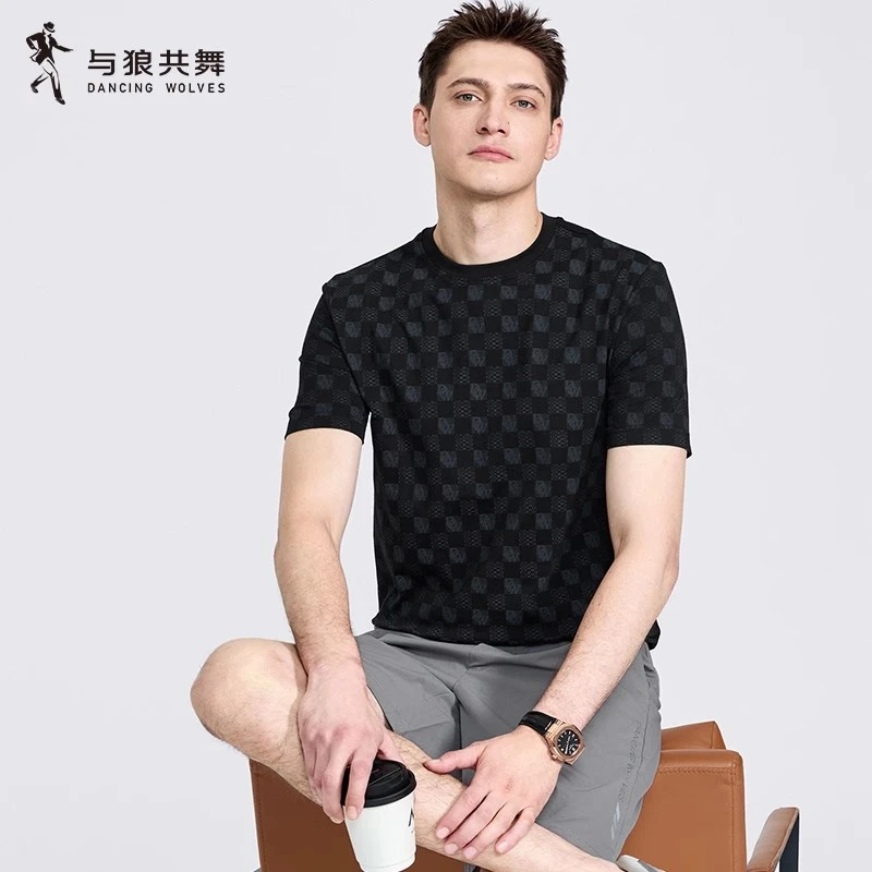 【棋盘格】与狼共舞纯棉圆领弹力短袖T恤男2025夏季新款透气休闲短t
