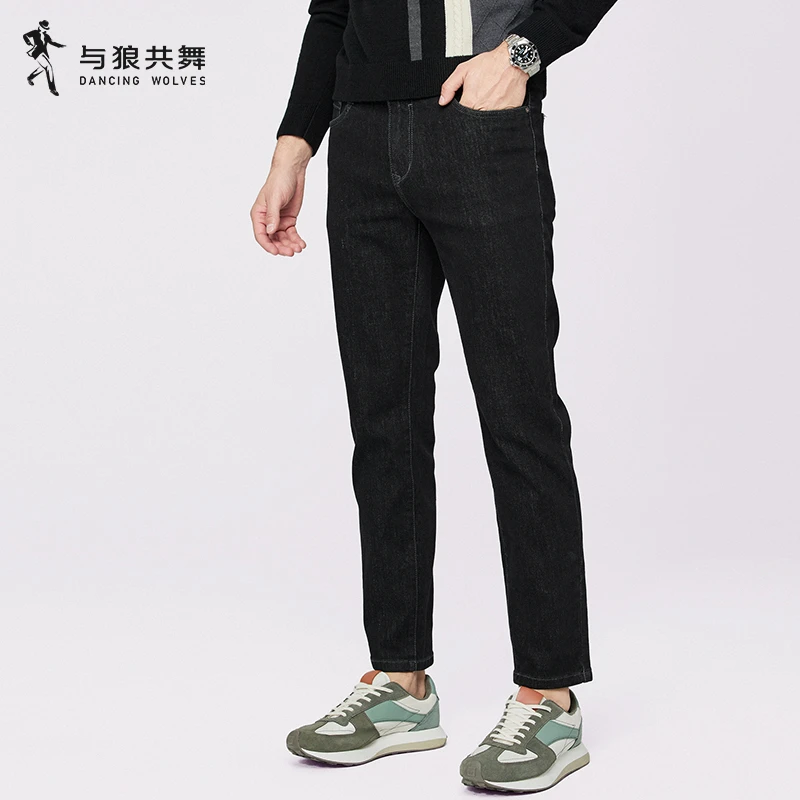【通勤风】与狼共舞牛仔长裤男2024秋季新款微弹纯色休闲中腰裤