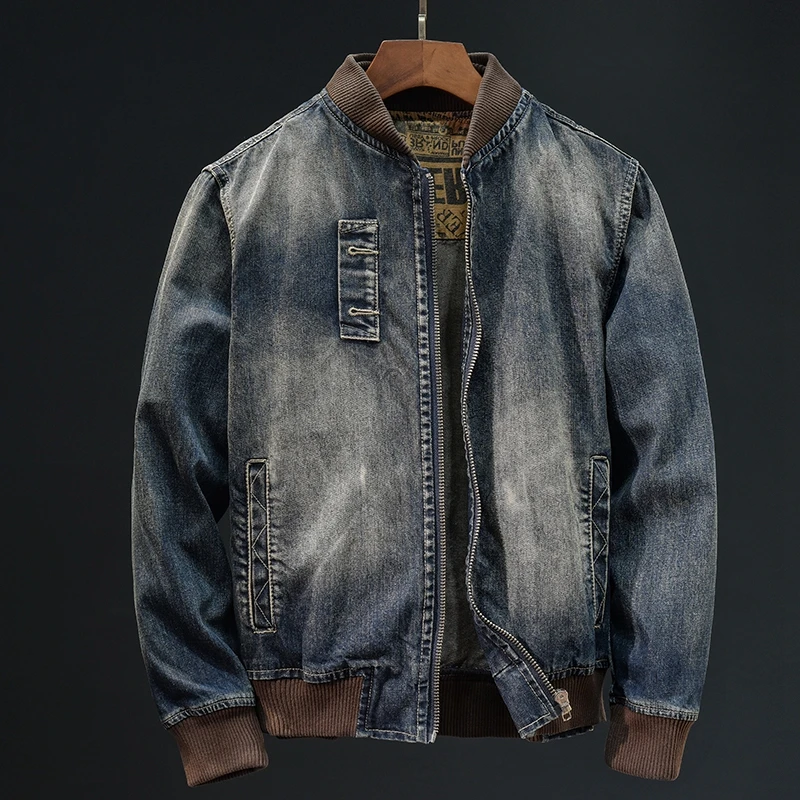 高端棒球领新塘牛仔夹克男士春秋季美式立领重工机车水洗休闲外套
