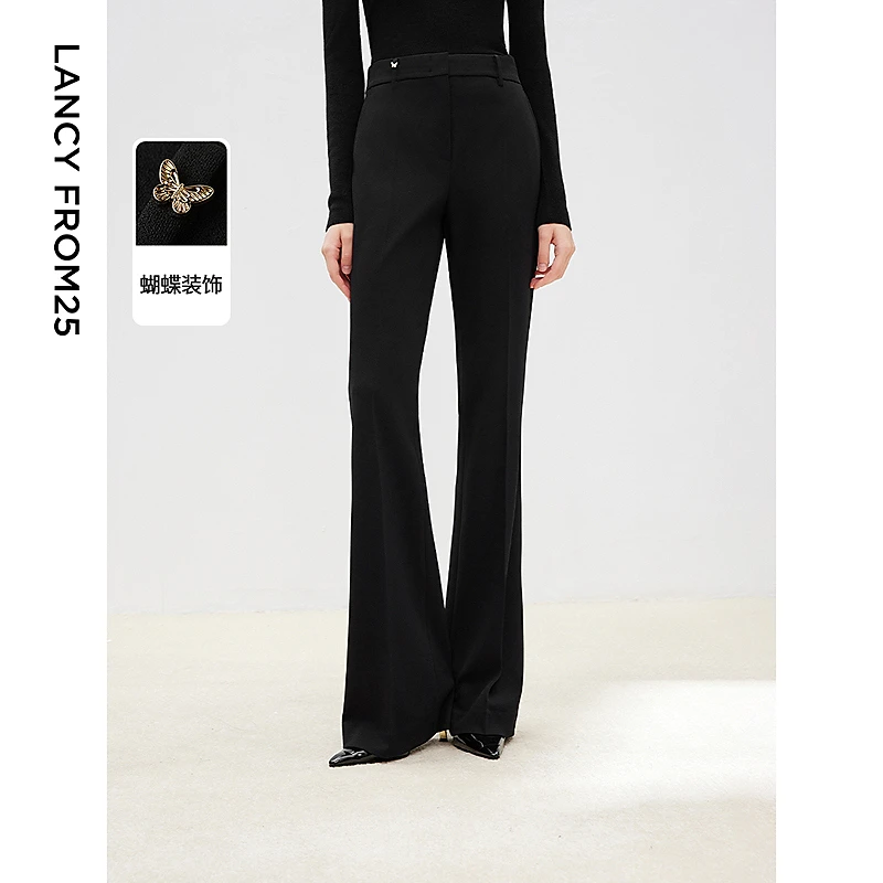 朗姿设计感气质微喇高腰西裤2025年春季新款职业通勤黑色西装裤女