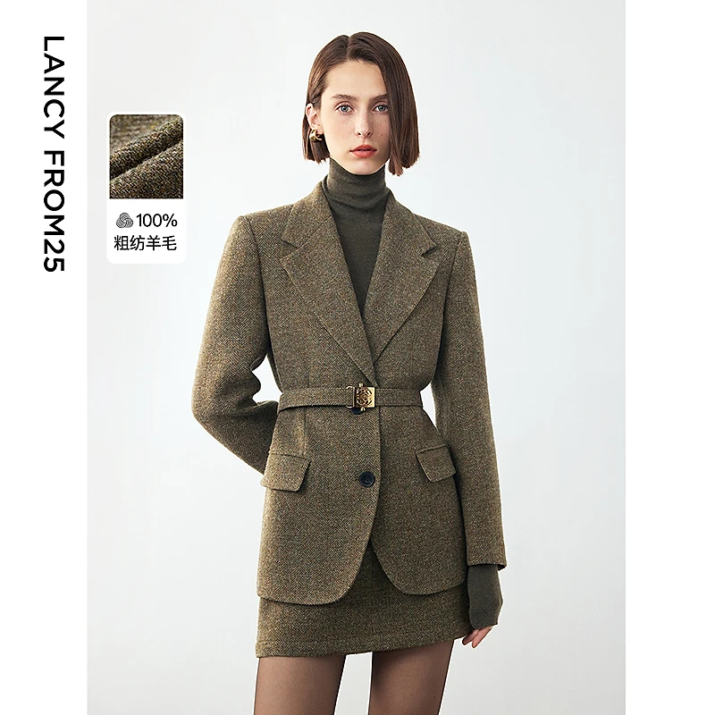 朗姿2025年秋季新款纯羊毛复古人字纹设计感西装外套气质收腰西服