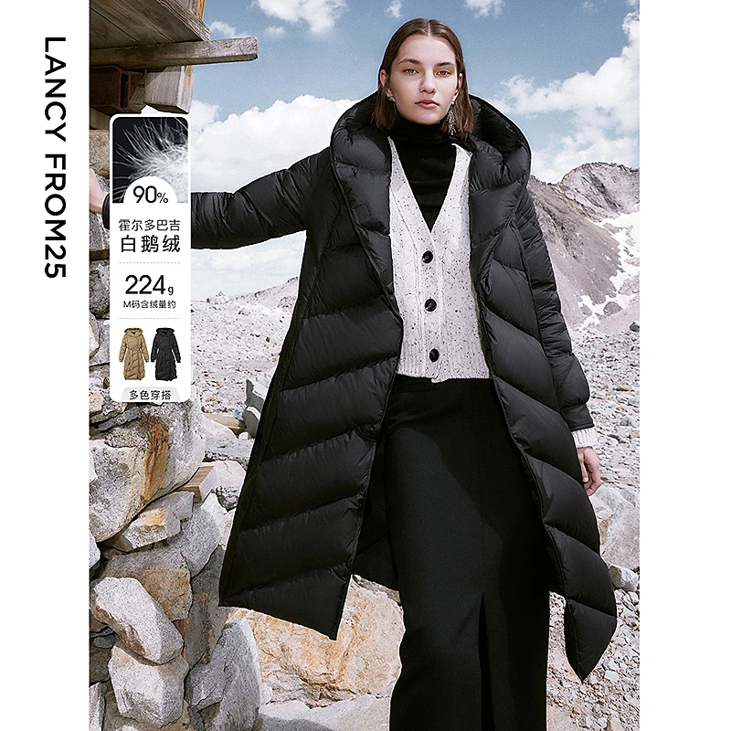 朗姿霍尔多巴吉白鹅绒连帽中长款收腰羽绒服外套女设计感冬季新款
