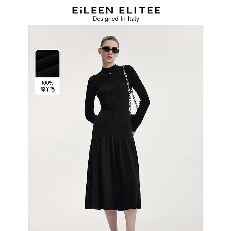 朗姿欧洲EiLEEN ELITEE纯羊毛黑色连衣裙24秋新高级感气质显瘦
