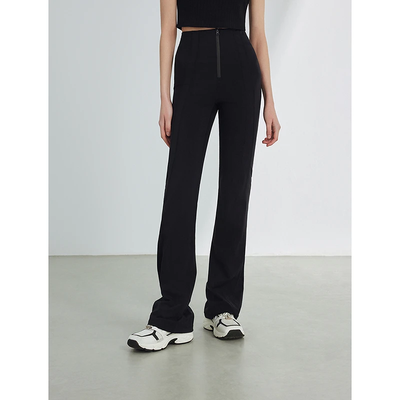 朗姿高腰显瘦高级感微喇黑色通勤职业裤子2024年春季新款休闲裤女