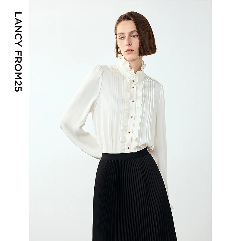 朗姿24冬季法式宫廷风设计感木耳边领衬衫上衣打底气质衬衣欧若风