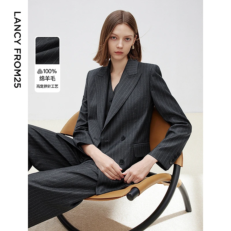 朗姿纯羊毛复古灰色条纹西服外套气质正装2025新款高级感西装