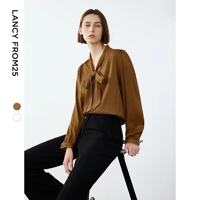 朗姿24冬季法式飘带领长袖衬衫高级感内搭气质通勤洋气衬衣欧若风