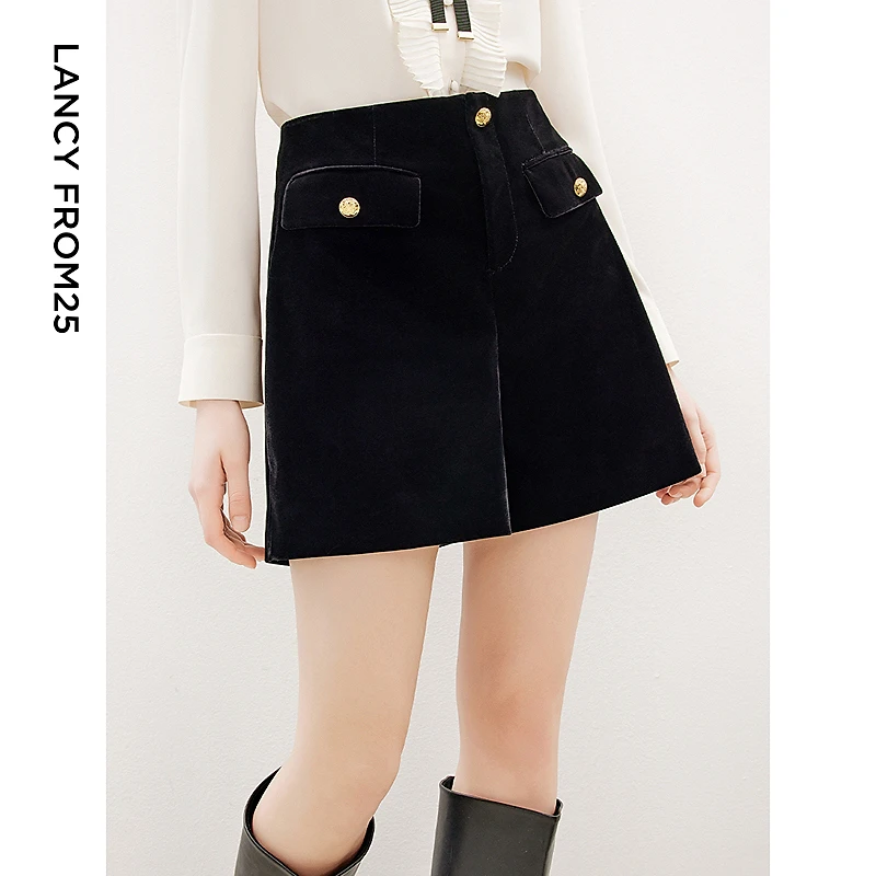 朗姿复古法式高腰a字丝绒短裤子2024年冬季新款显瘦时尚休闲裤女