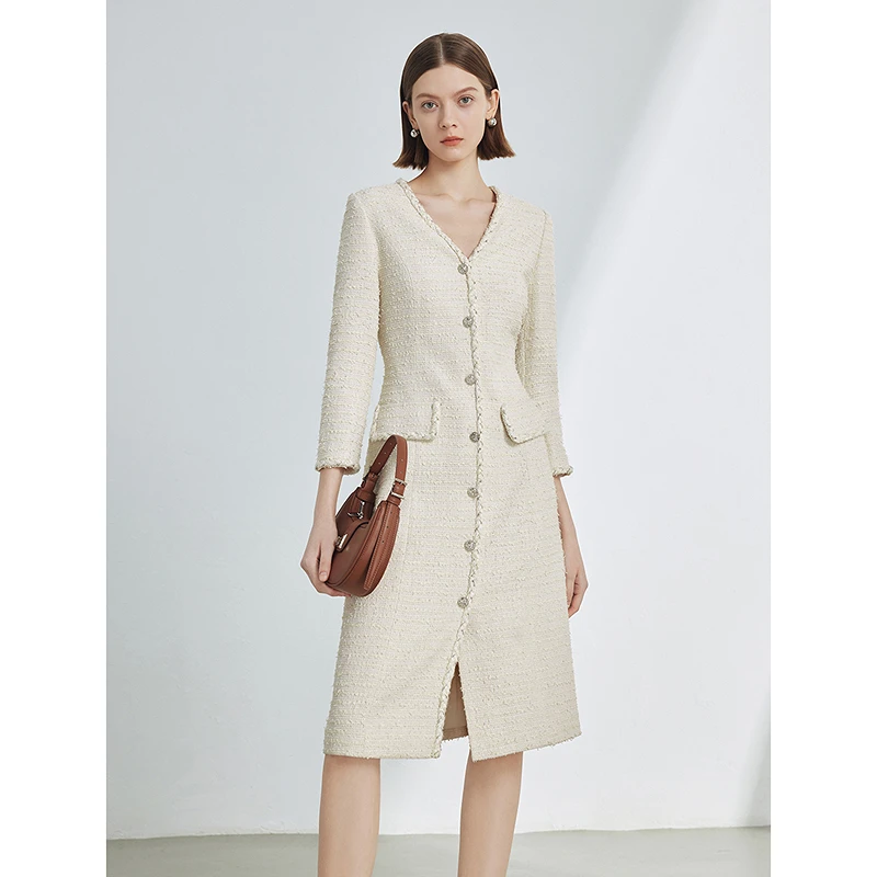 朗姿法式v领小香风收腰显瘦气质高级感女2025年新长袖连衣裙