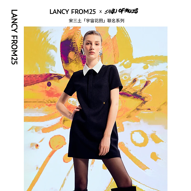 【丽公主专享】朗姿法式气质设计感polo领小黑裙夏连衣裙8WOP684